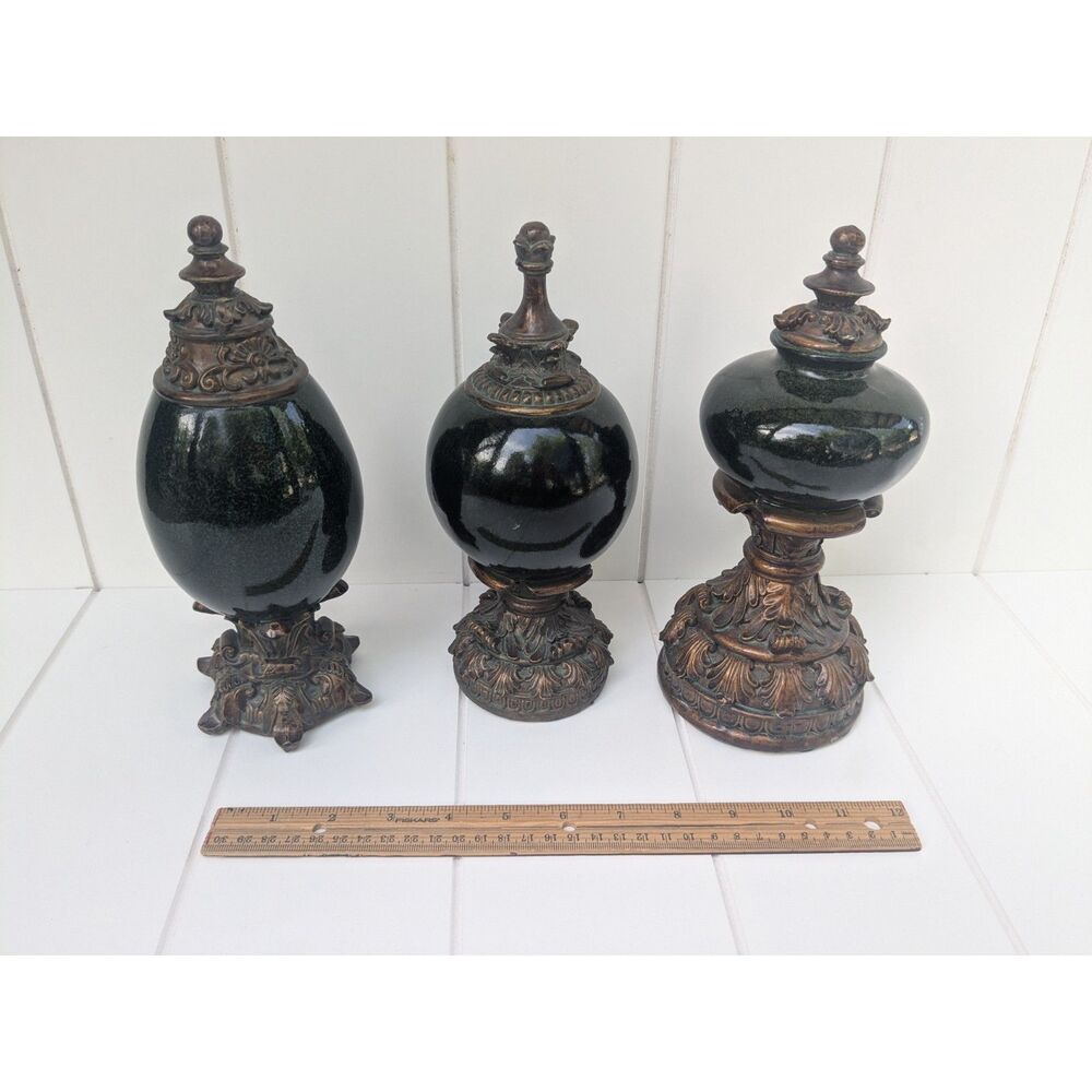 3 Vintage Neoclassical Style Egg Shaped Decorative Statues - Dark Green and Gold
